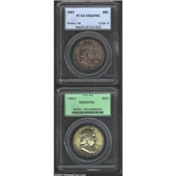 1951 50C MS65 Full Bell Lines PCGS, an upper-end coin that is distinctively toned with deep gray-ros