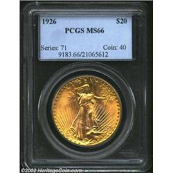 1926 $20 MS66 PCGS. Glowing mint luster characterizes this piece and each side shows subtly variegat