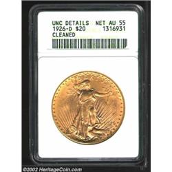 1926-D $20--Cleaned--ANACS. Unc Details, Net AU55. The otherwise sharp strike wanes ever so slightly