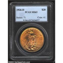 1926-D $20 MS63 PCGS. Writing in 1990, Akers said, "Like the 1925-S, the 1926-D is one of the rarest