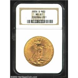 1926-S $20 MS61 NGC. The surfaces are pleasingly unabraded for the grade. Well struck except for the