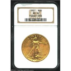 1927 $20 MS62 NGC. A shimmering golden-orange example with numerous light contact marks. Important n