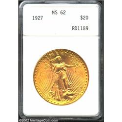 1927 $20 MS62 ANACS. Lovely olive-gold color ensures the originality of this lustrous and attractive