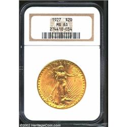 1927 $20 MS63 NGC. Satiny surface with very few abrasions for the grade.From the Aaron Bliss Collect