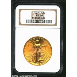 1927 $20 MS66 NGC. An exquisite representative of the series, this otherwise orange-gold Gem reveals