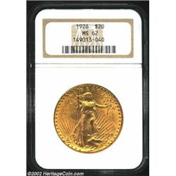 1928 $20 MS62 NGC. Original, satiny surfaces have blushes of pinkish patina here and there along wit