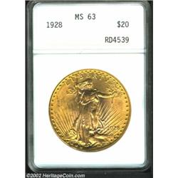 1928 $20 MS63 ANACS. Bright honey-gold patina envelopes the fields on both sides. A lustrous specime