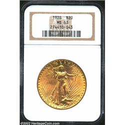 1928 $20 MS63 NGC. Lustrous, with orange-gold satiny surfaces.From the Aaron Bliss Collection. Impor