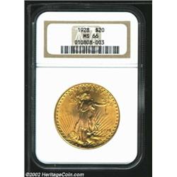 1928 $20 MS66 NGC. This is a fully and richly frosted survivor. Lovely orange-gold color swirls arou