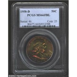 1958-D 50C MS66 Full Bell Lines PCGS. Fabulous, deep golden-rose and emerald-green toning covers eac