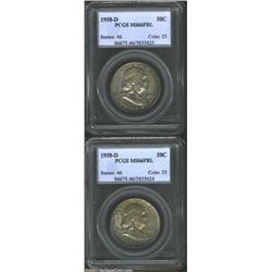 An attractive pair of 1958-D 50C MS66 Full Bell Lines PCGS. Both specimens show mottled russet-gray.