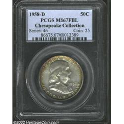 1958-D 50C MS67 Full Bell Lines PCGS. Sea-green and rose-violet patina hugs the borders. The obverse