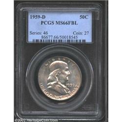 1959-D 50C MS66 Full Bell Lines PCGS. Mottled pastel tinged iridescence dances across both sides in.