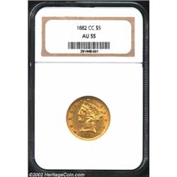 1882-CC $5 AU55 NGC. Scarce issue that has been slightly circulated. Fields have toned to olive-gold