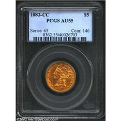 1883-CC $5 AU55 PCGS. Winter 1-A. At the AU55 level, this coin is just outside the Condition Census.