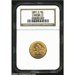 1887-S $5 MS64 NGC. A well struck near-Gem that has pleasing luster and carefully preserved surfaces