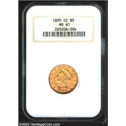 1890-CC $5 MS61 NGC. Winter 1-A. Some 400-500 pieces are believed extant today in all grades with an