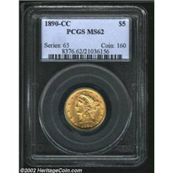 1890-CC $5 MS62 PCGS. The luster is bright and extensive, and the strike is bold aside from minor we