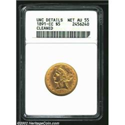 1891-CC $5--Cleaned--ANACS. Unc Details, Net AU55. A well struck example that has extensive bright l