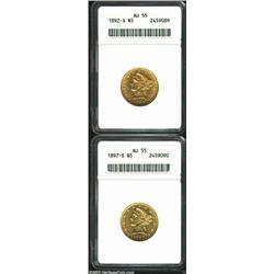 1892-S $5 AU55 ANACS, well struck and problem-free with bright peripheral luster and a filled mintma