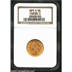 1893-S $5 MS63 NGC. An impressive Half Eagle that has full cartwheel luster and refreshingly undistu