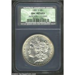1887-S S$1 Unc Details, Improperly Cleaned, NCS. The original mint luster remains and nary a contact