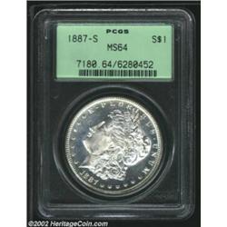 1887-S S$1 MS64 PCGS. A needle-sharp near-Gem that has somewhat prooflike luster. Lightly toned and.