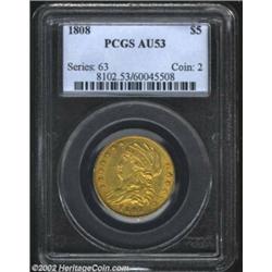 1808 $5 AU53 PCGS. Close 5D. B. 4-A, Miller-106, R.5. Surprisingly sharply struck throughout, the ri