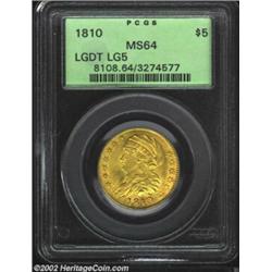 1810 $5 Large Date, Large 5 MS64 PCGS. B. 1-A, Miller-109, R.2. Sharp, frosty green-gold surfaces ar