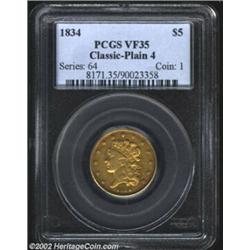 1834 $5 Plain 4 VF35 PCGS. Breen-6501, First Head, McCloskey 3-B, R.2. A golden-brown example that h