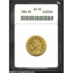 1836 $5 AU50 ANACS. Second Head, Breen-6509, Large Date, McCloskey 2-B, R.4. Attractive olive-gold s