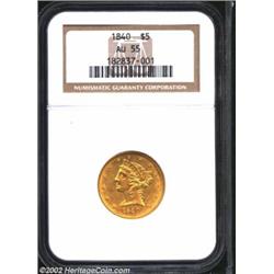 1840 $5 Narrow Mill AU55 NGC. A nicely struck example that has bright luster throughout the borders.