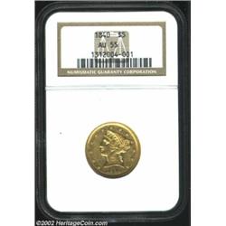 1840 $5 Narrow Mill AU55 NGC. Sharply struck except for slight weakness near the reverse edges, the.