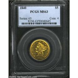 1840 $5 Narrow Mill MS63 PCGS. The stars and peripheral legends are bold, as are the eagle's wings,.