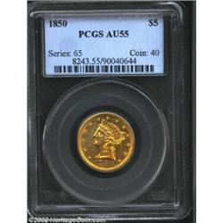 1850 $5 AU55 PCGS. Brilliant with a rich and glossy old-world gold coloration. Nice strike definitio