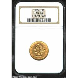 1895 $5 MS62 NGC. Much luster remains on this yellow-gold and olive-gold specimen. Important notice: