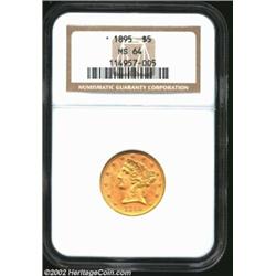 1895 $5 MS64 NGC. A lustrous near-Gem that has pale orange-gold color. Relatively clean, and without