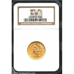 1899 $5 MS64 NGC. Lustrous orange-gold near-Gem that displays relatively clean surfaces. Important n