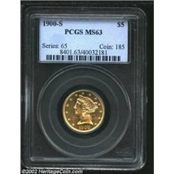 1900-S $5 MS63 PCGS. 1900-S $5 MS63 PCGS. A lustrous and well struck piece that has semi-prooflike f