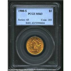 1900-S $5 MS63 PCGS. Bright lemon-gold color and potent cartwheel luster adds to eye appeal of this.