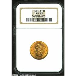 1901-S $5 MS65 NGC. This reddish-gold Gem displays shimmering, satiny surfaces that are devoid of si