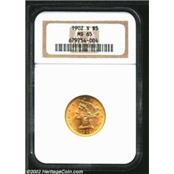 1902-S $5 MS65 NGC. Resplendent mint luster blankets both sides with a swirling cartwheel sheen. The