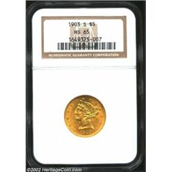 1903-S $5 MS65 NGC. A conditionally scarce offering, the surfaces combine full mint luster and sharp