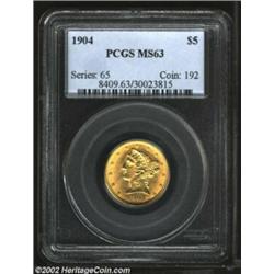 1904 $5 MS63 PCGS. Well struck throughout, with good preservation, the surfaces are highly lustrous,