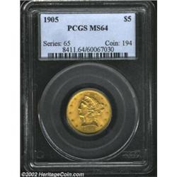 1905 $5 MS64 PCGS. Creamy luster bathes the surfaces of this near-Gem specimen. A slightly better da