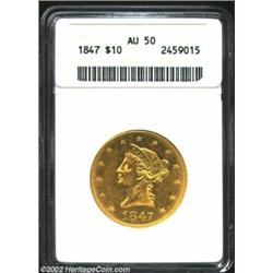 1847 $10 AU50 ANACS. An attractive 1840s No Motto Eagle. Lustrous with no serious detractions. Impor