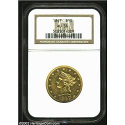 1847 $10 AU58 NGC. A bright and well struck piece that has a clean cheek and attractive surfaces. Th