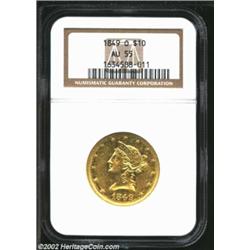 1849-O $10 AU55 NGC. Produced to a higher standard than the 1848-O, the 1849-O is a more elusive coi