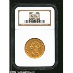 1851 $10 AU55 NGC. The devices are sharply struck, with only a hint of rub on the wingtips and the h