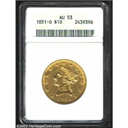 1851-O $10 AU53 ANACS. Deep green-gold color is seen over each side with a light alloy spot by star.